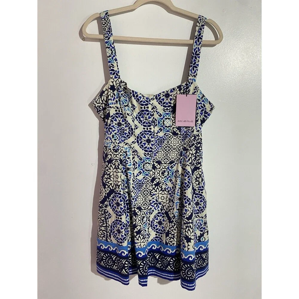 Avec Les Filles Dress 14 Blue Barcelona Tile Mini Tropical‎ Feminine Coquette